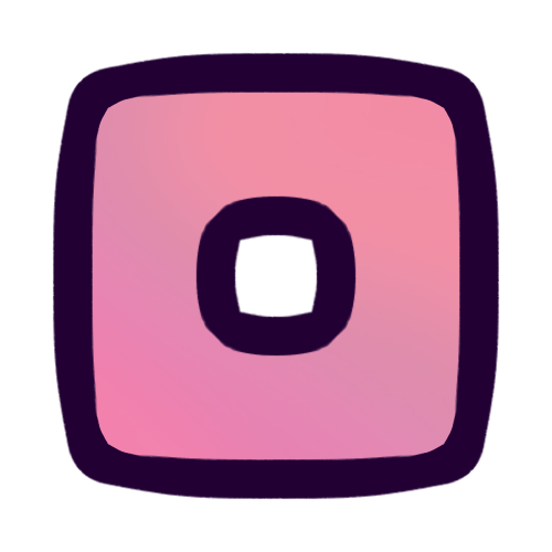 A drawing of a pink square that has slightly rounded edges and a small square shaped hole in the center. It’s outlined in very dark purple and is colored with a swirly gradient of a few slightly different shades of pink. 